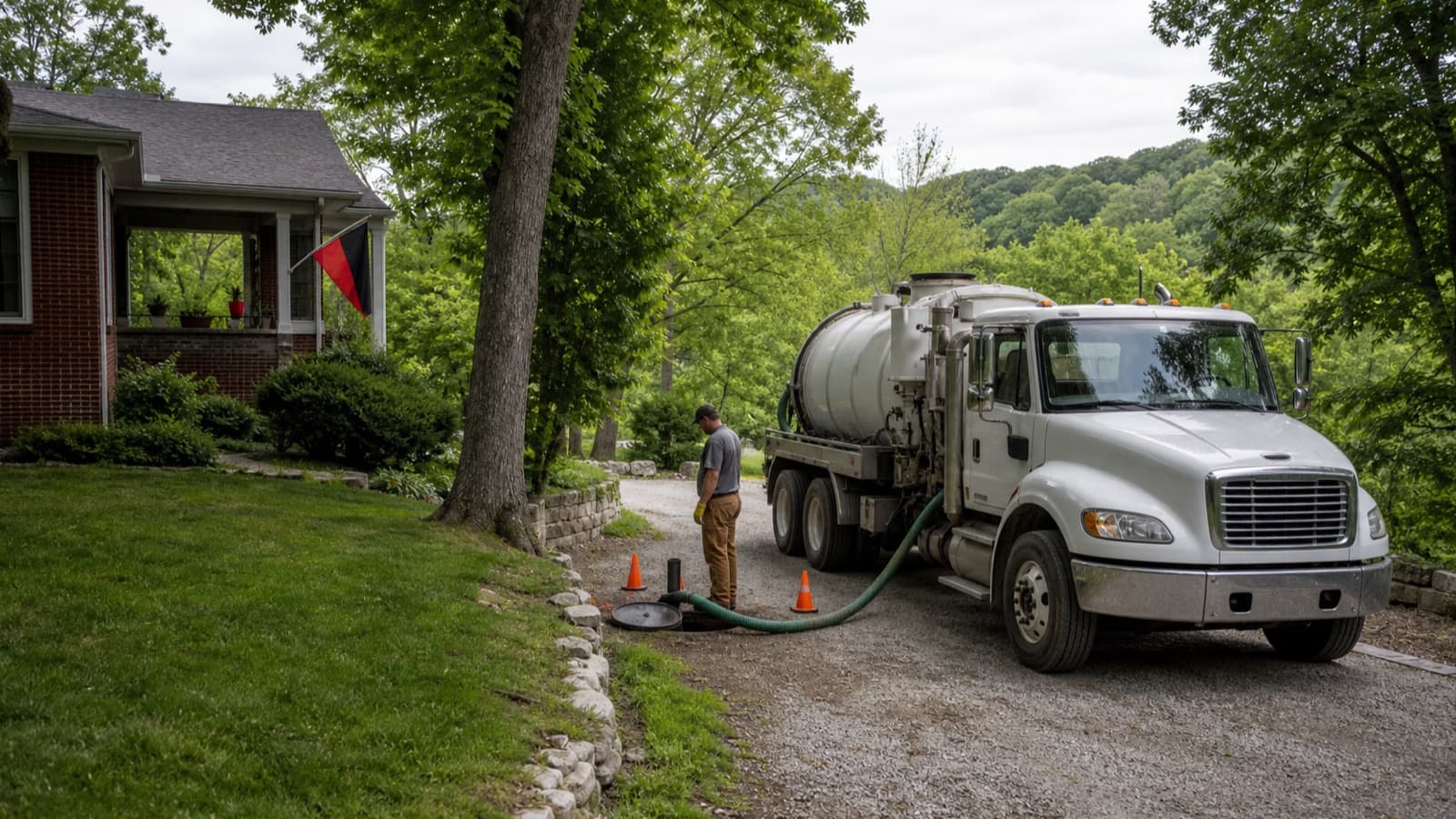 Septic pump truck servicing a red-brick home on a rolling wooded property in Greater Cincinnati