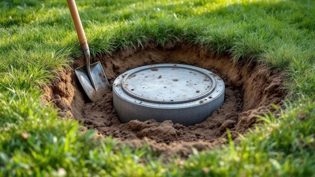 30-year-old concrete septic tank with no riser, requiring excavation for service