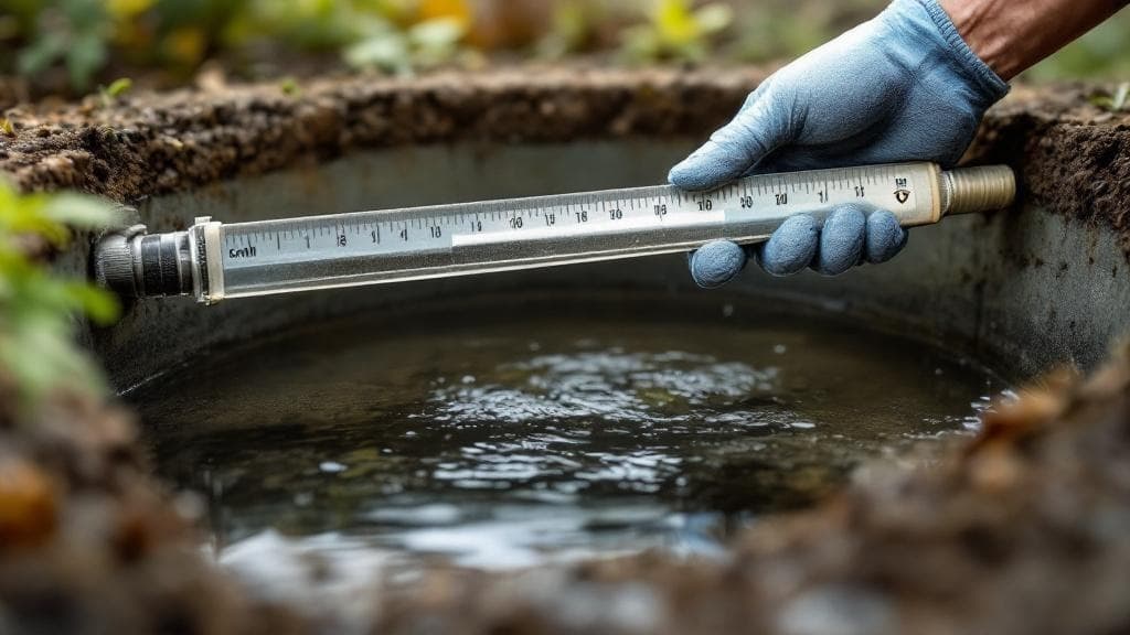 Gloved hand using a measuring stick to gauge sludge depth in a Cincinnati area septic tank