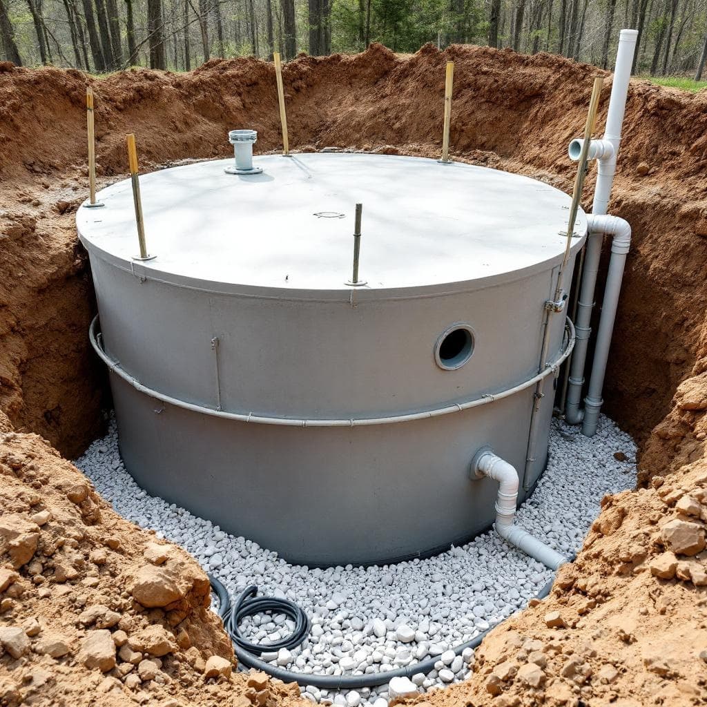 Newly installed septic tank just before backfill, grade stakes visible