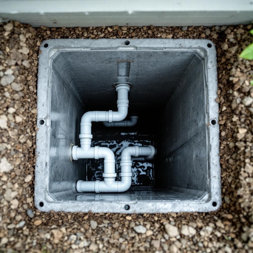 Interior of a distribution box (D-box) showing equal effluent distribution to drain field laterals
