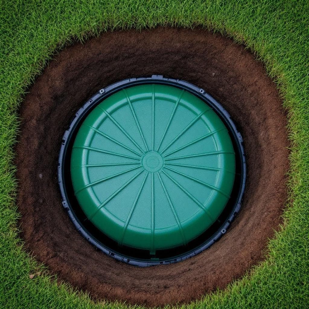 Green plastic septic riser flush with grade after installation in a Cincinnati area lawn