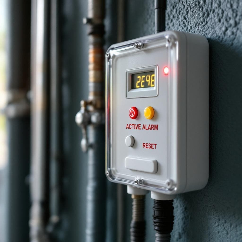Septic alarm panel showing red and yellow indicator lights mounted in a Cincinnati area utility room