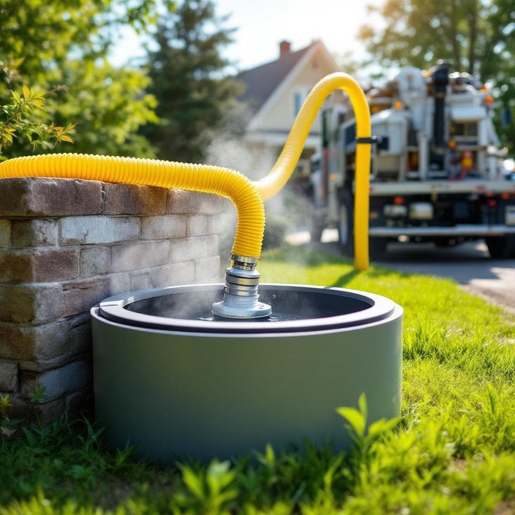 Septic tank pumping in progress with vacuum hose deployed