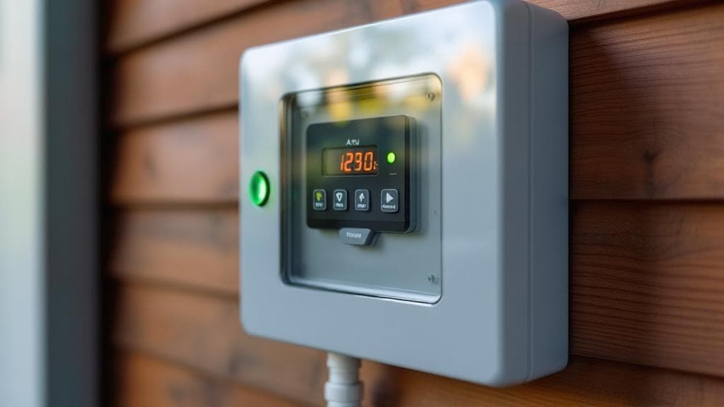 Aerobic treatment unit control panel mounted on the side of a Cincinnati area garage