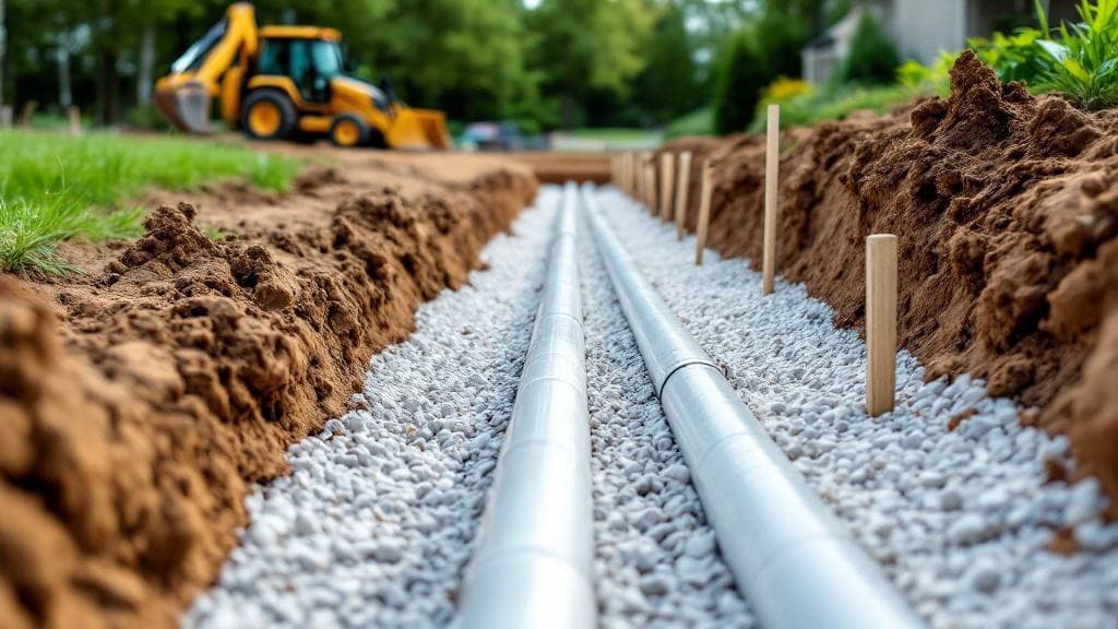 New drain field excavation with gravel and perforated pipe being laid in a Cincinnati area property