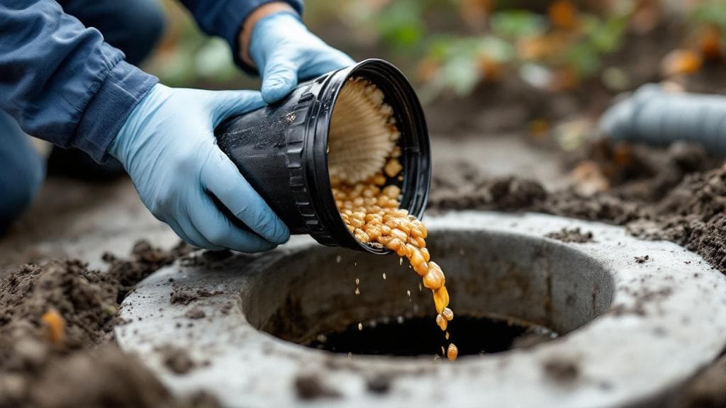 Effluent filter being pulled from the outlet baffle for cleaning during a Cincinnati septic service